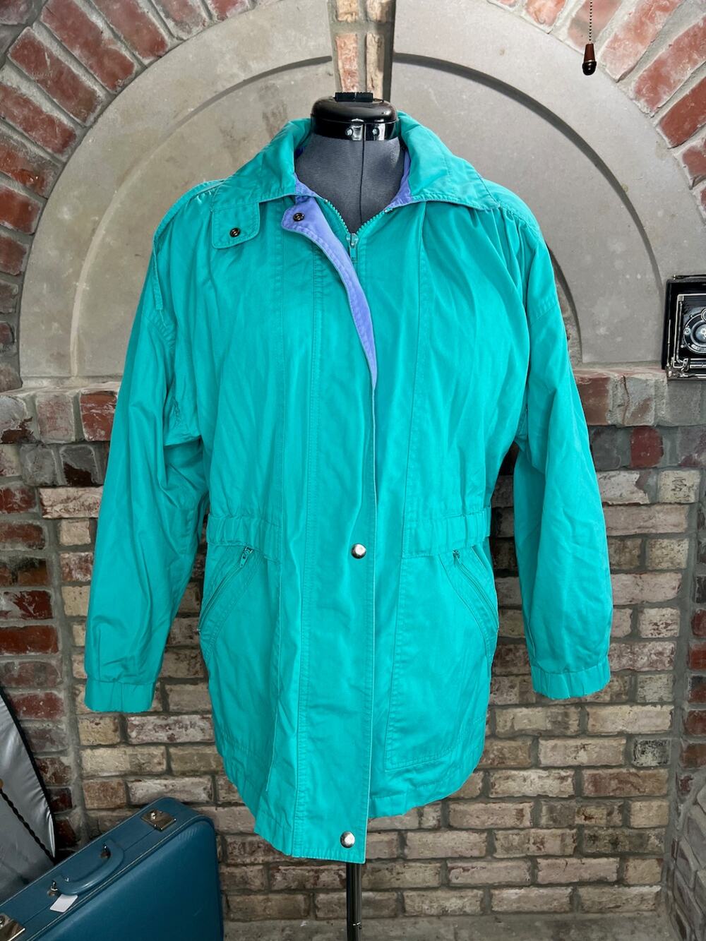 London Fog jacket windbreaker aqua blue teal purple 1980s button off hood